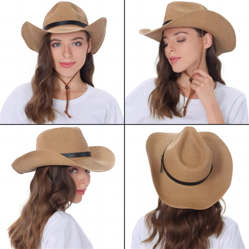 Western Cowgirl Hat Women Wide Brim Fedora for Beach,Khaki - Image 3