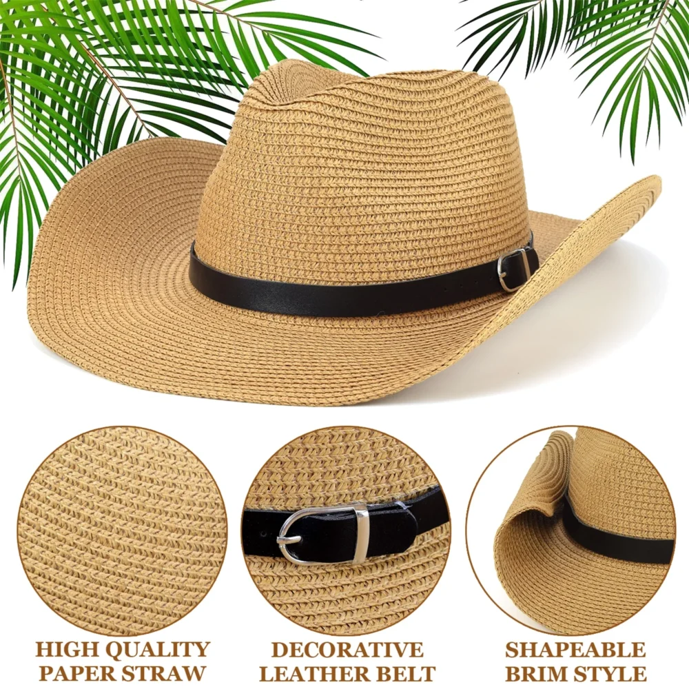 Western Cowgirl Hat Women Wide Brim Fedora for Beach,Khaki - Image 2