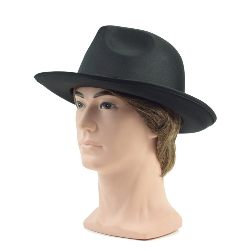 Mens Black Satin Fedora Brim Hat Trilby Dress Cap Movie Prop Costume Accessory - Image 3