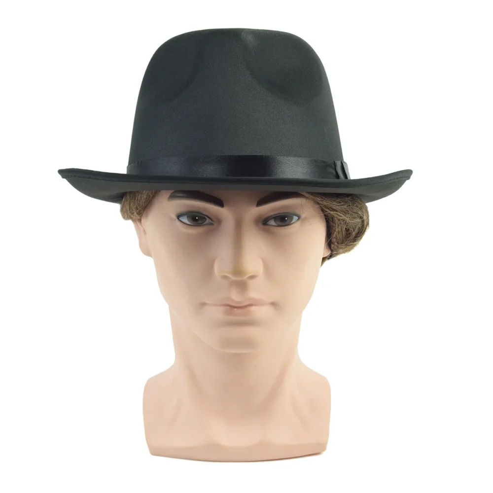 Mens Black Satin Fedora Brim Hat Trilby Dress Cap Movie Prop Costume Accessory - Image 2