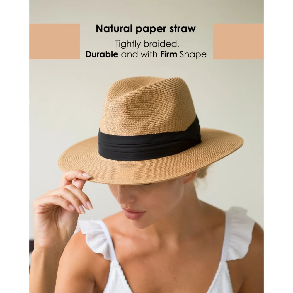 Hats for Women Men Wide Brim Fedora Straw Beach Hat UV UPF 50- Khaki- M - Image 3