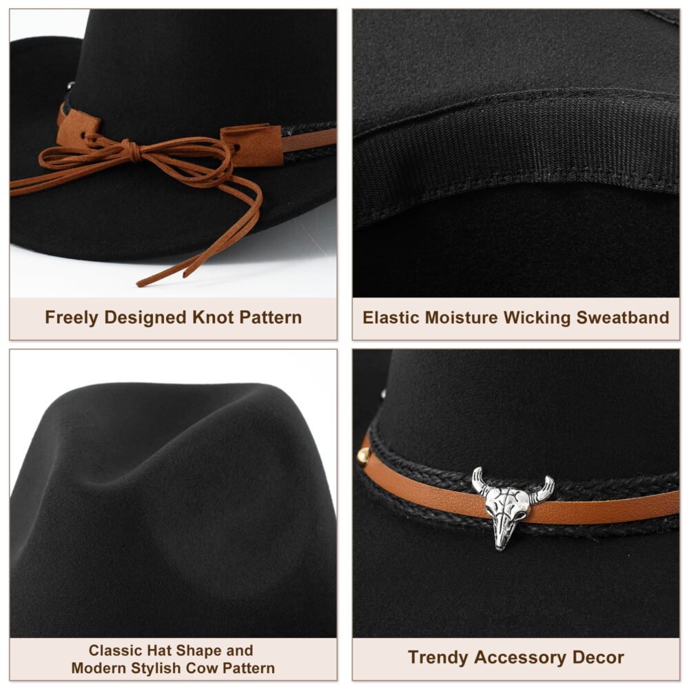 Black Cowboy Hat for Adult Men Women Cowgirl Hat with Adjustable Leather Hat - Image 2