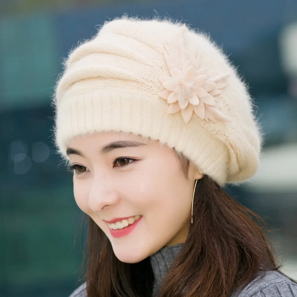 Womens Flower Knit Crochet Beanie Hat Winter Warm Cap Beret Purple + One size