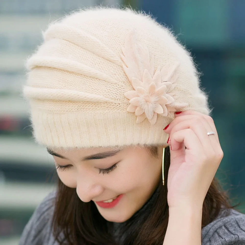 Womens Flower Knit Crochet Beanie Hat Winter Warm Cap Beret Purple + One size - Image 2