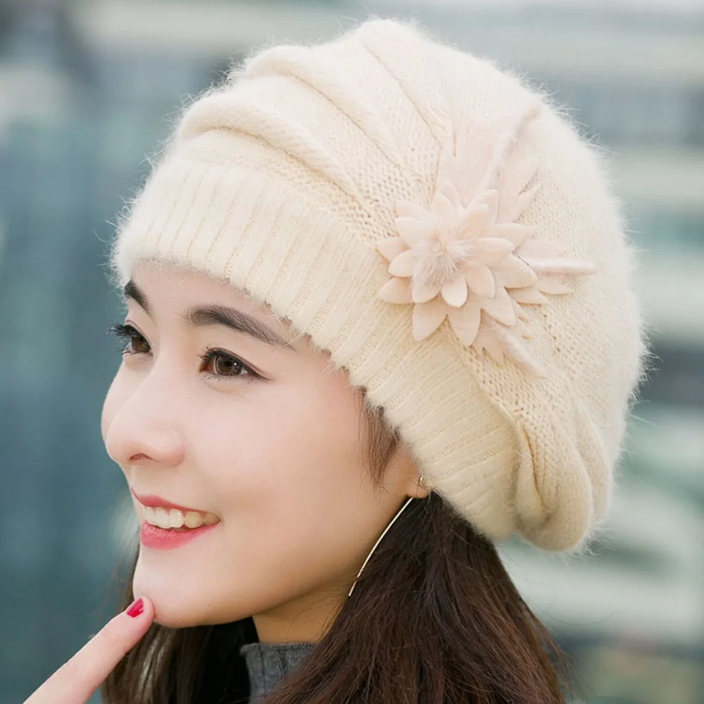 Womens Flower Knit Crochet Beanie Hat Winter Warm Cap Beret Purple + One size - Image 3