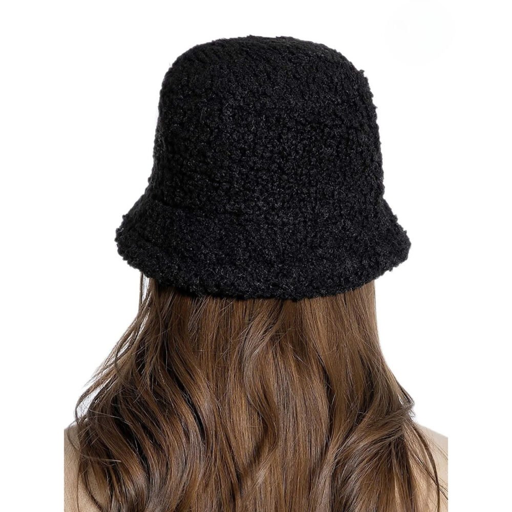 Bucket Hat Vintage Cloche Hats Warm Faux Fur Wool Outdoor Fisherman Cap (Black) - Image 2