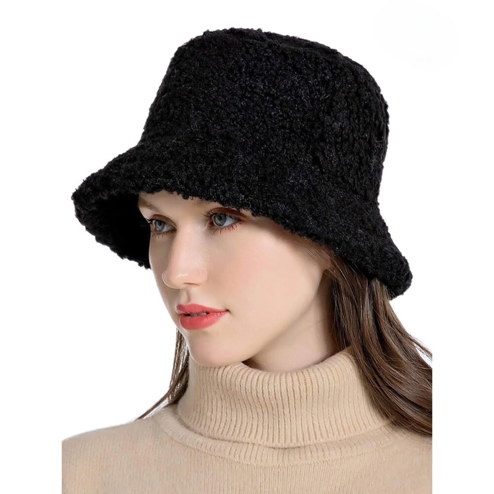 Bucket Hat Vintage Cloche Hats Warm Faux Fur Wool Outdoor Fisherman Cap (Black)
