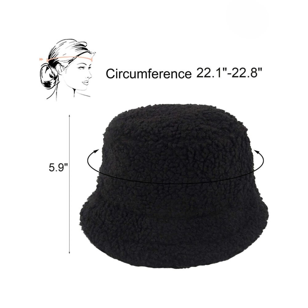 Bucket Hat Vintage Cloche Hats Warm Faux Fur Wool Outdoor Fisherman Cap (Black) - Image 3